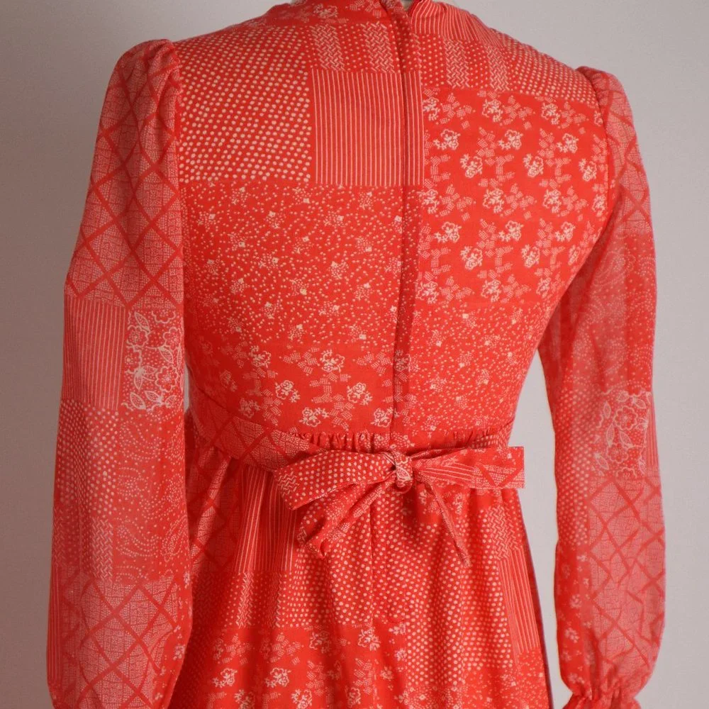 Vintage Red Prairie Boho Calico Cottage Core Floral Lace Dress Hippie Peasant XS - Picture 10 of 10